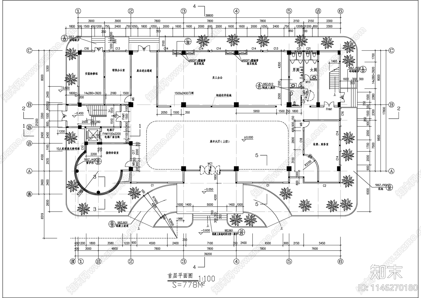 6层框架结构办公楼建筑cad施工图下载【ID:1146270180】