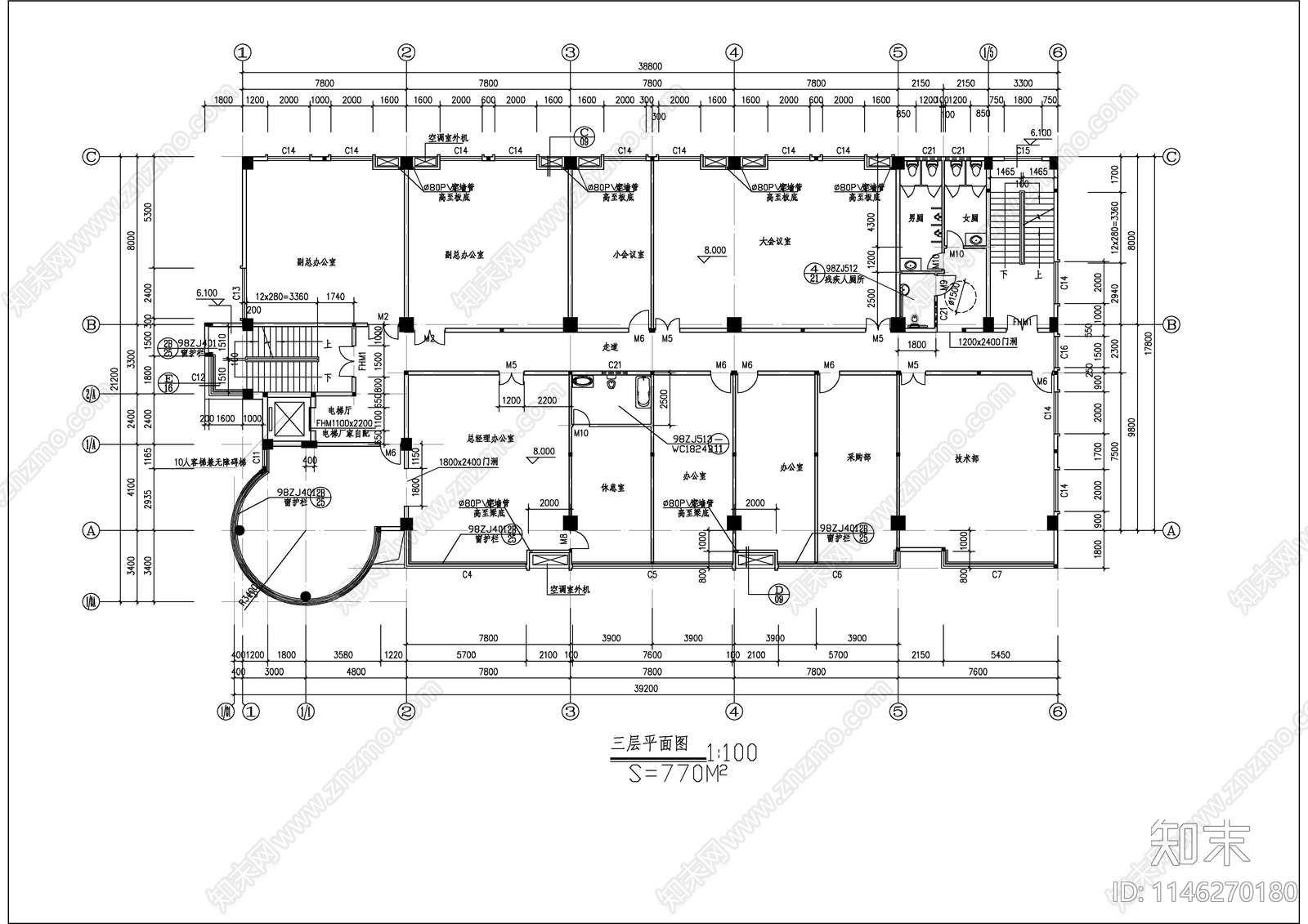 6层框架结构办公楼建筑cad施工图下载【ID:1146270180】
