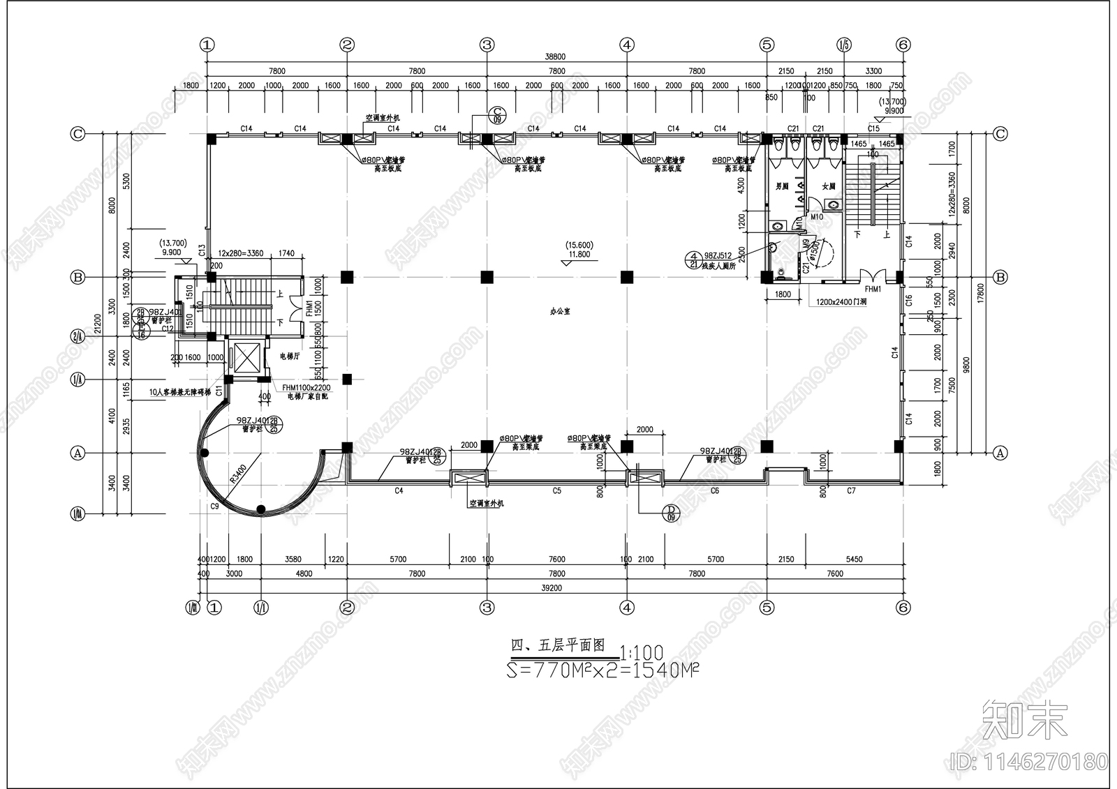 6层框架结构办公楼建筑cad施工图下载【ID:1146270180】