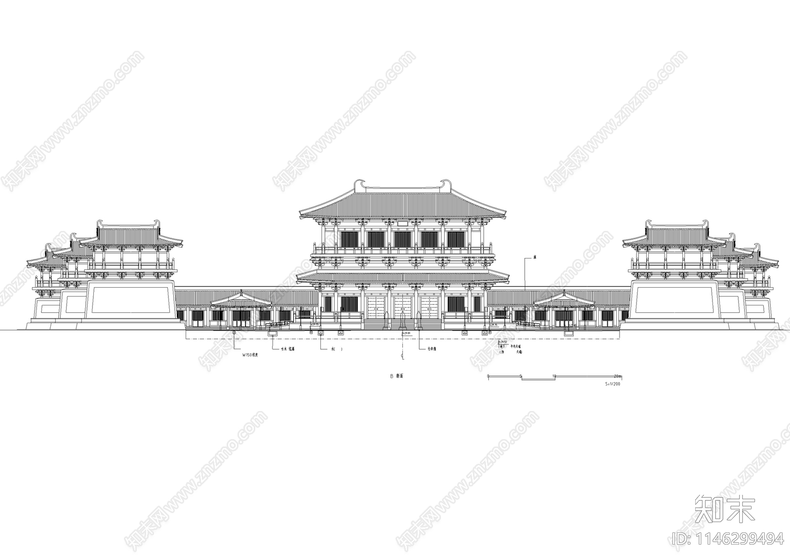 唐风古建筑cad施工图下载【ID:1146299494】