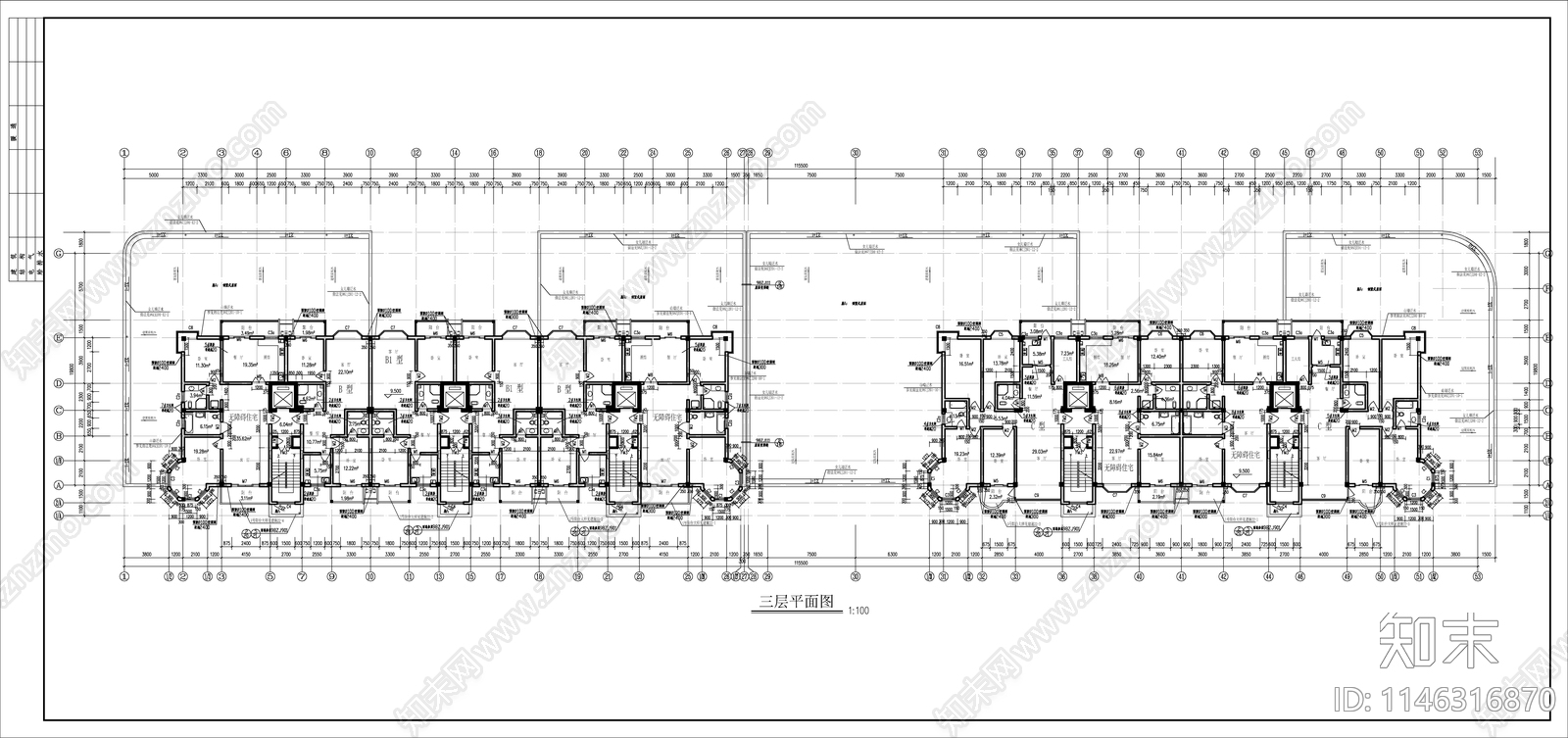 高层住宅建筑cad施工图下载【ID:1146316870】
