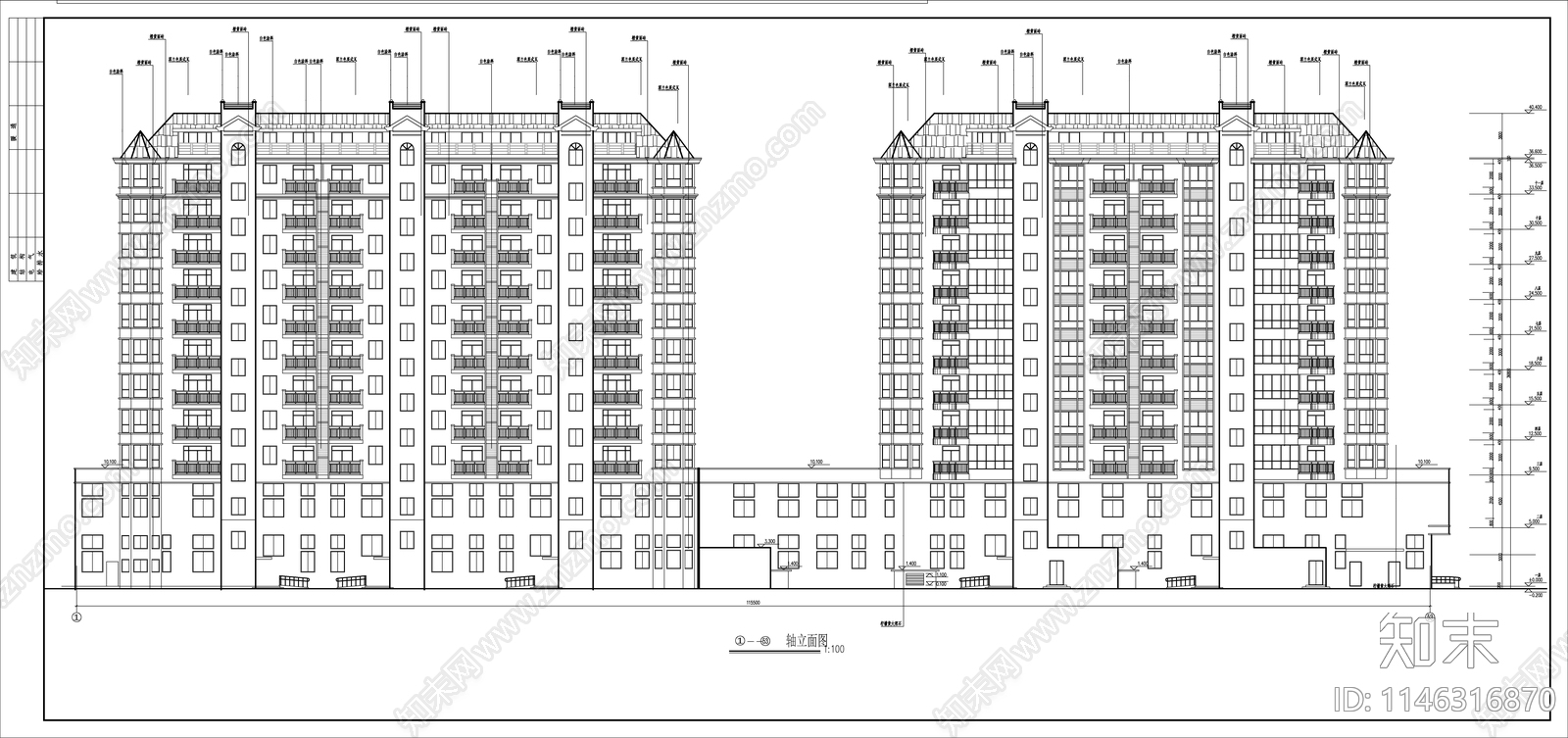 高层住宅建筑cad施工图下载【ID:1146316870】