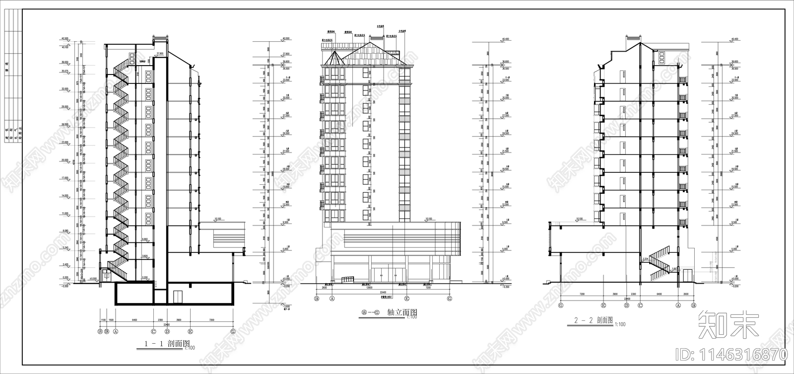 高层住宅建筑cad施工图下载【ID:1146316870】