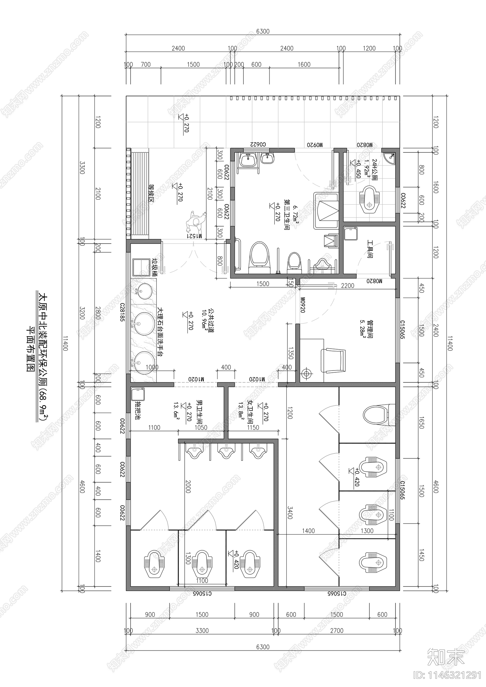 环保公共卫生间室内平面图施工图下载【ID:1146321291】