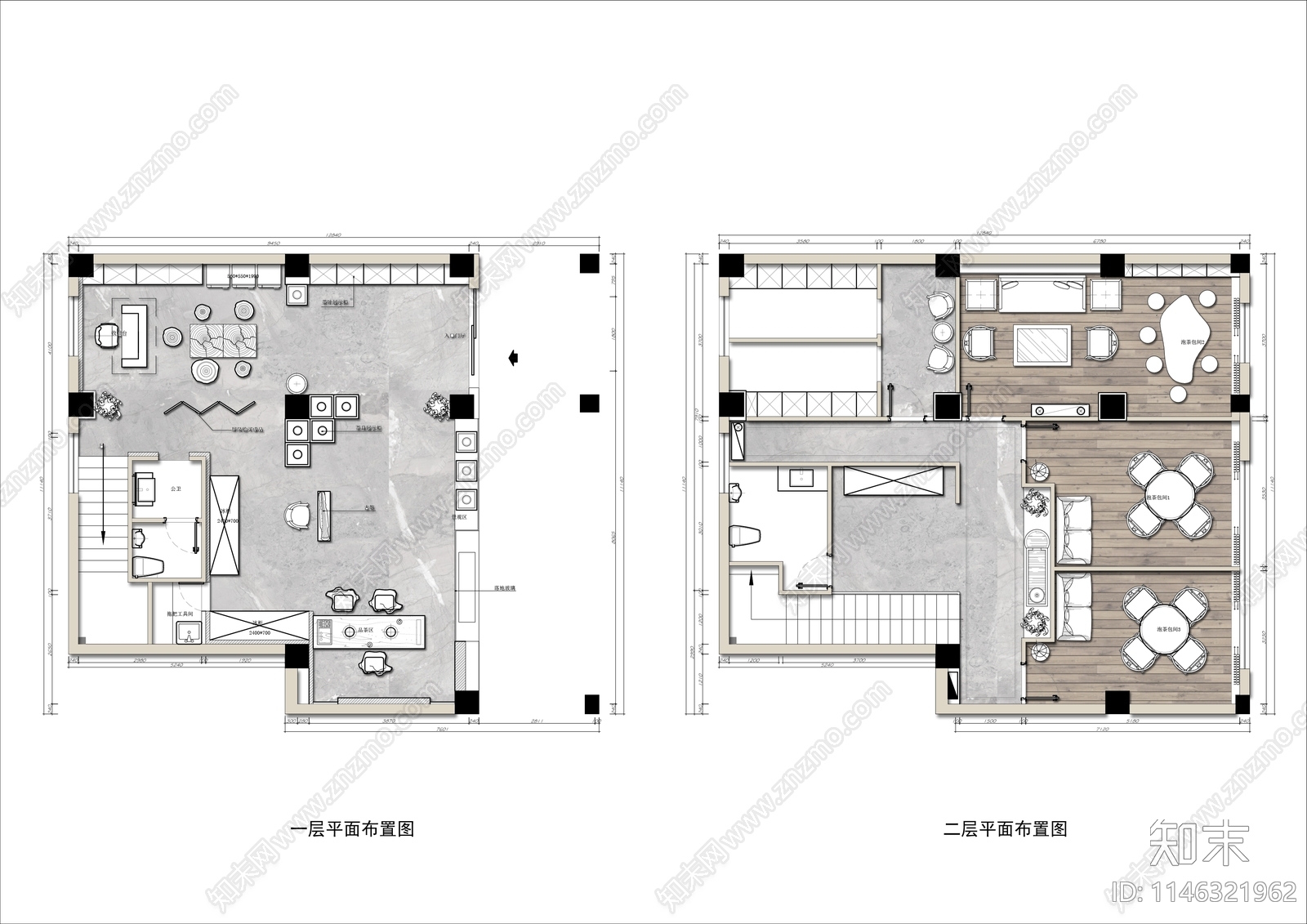 两层茶叶店茶楼室内平面图施工图下载【ID:1146321962】