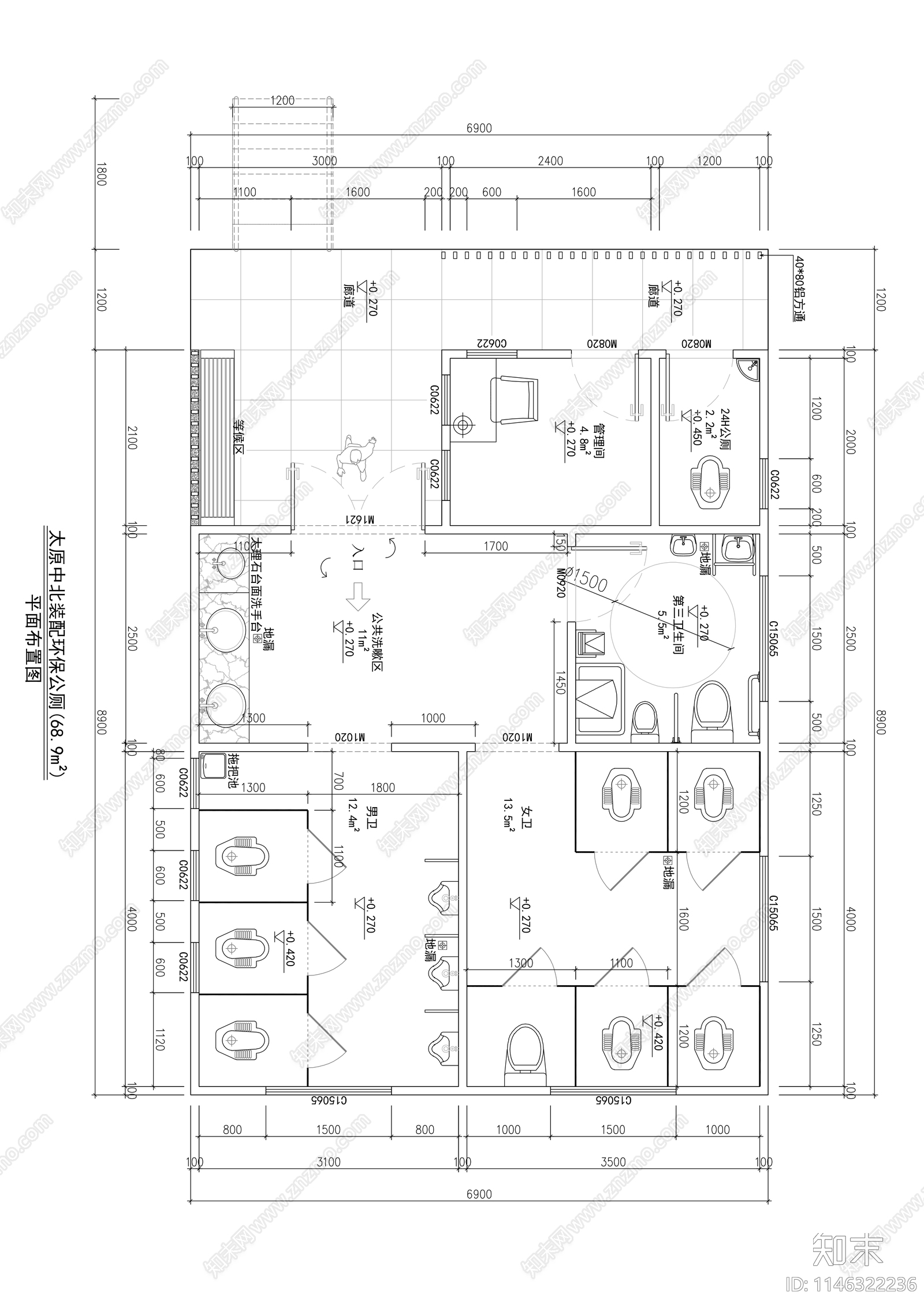 公厕公共卫生间室内平面图cad施工图下载【ID:1146322236】