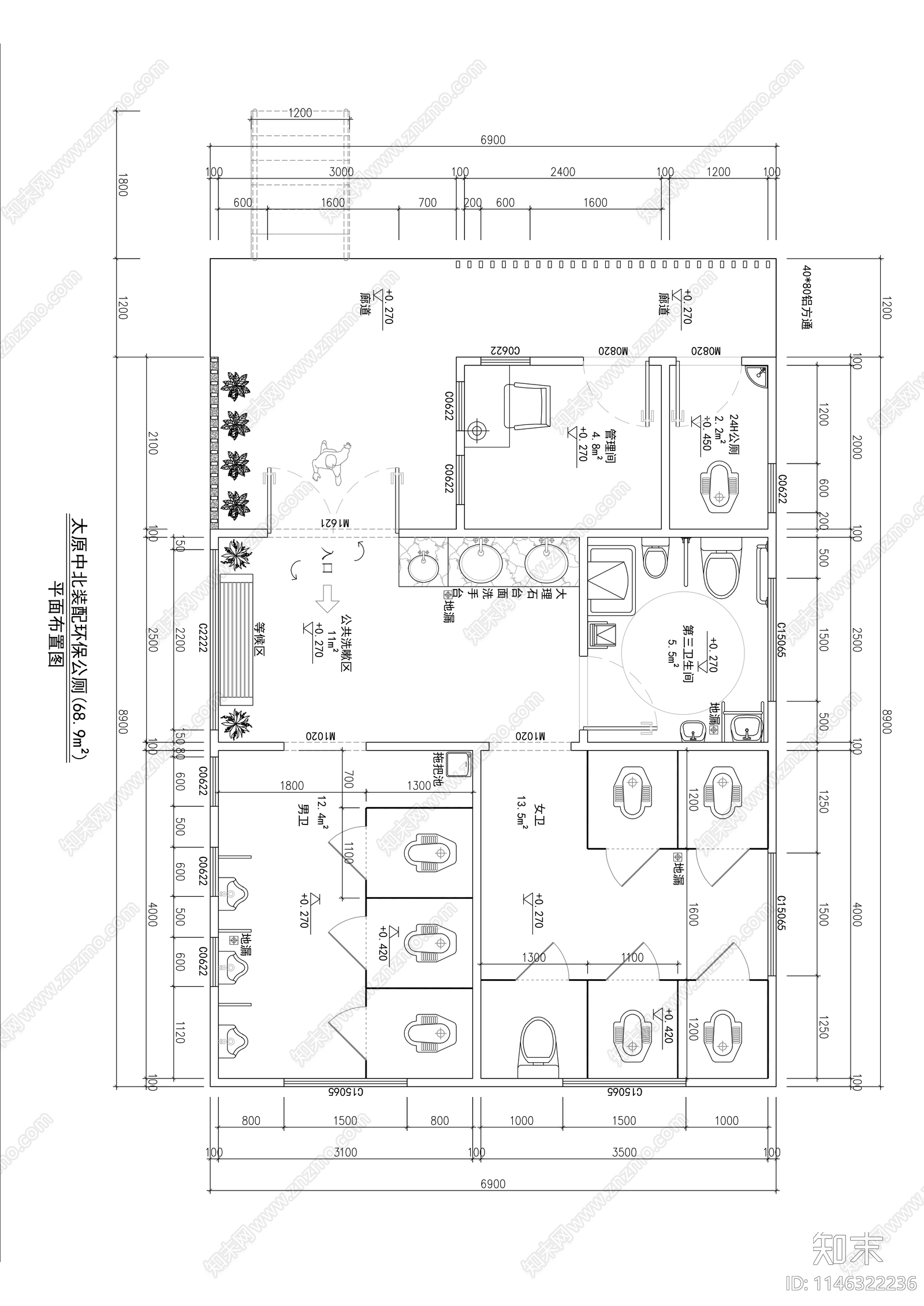 公厕公共卫生间室内平面图cad施工图下载【ID:1146322236】