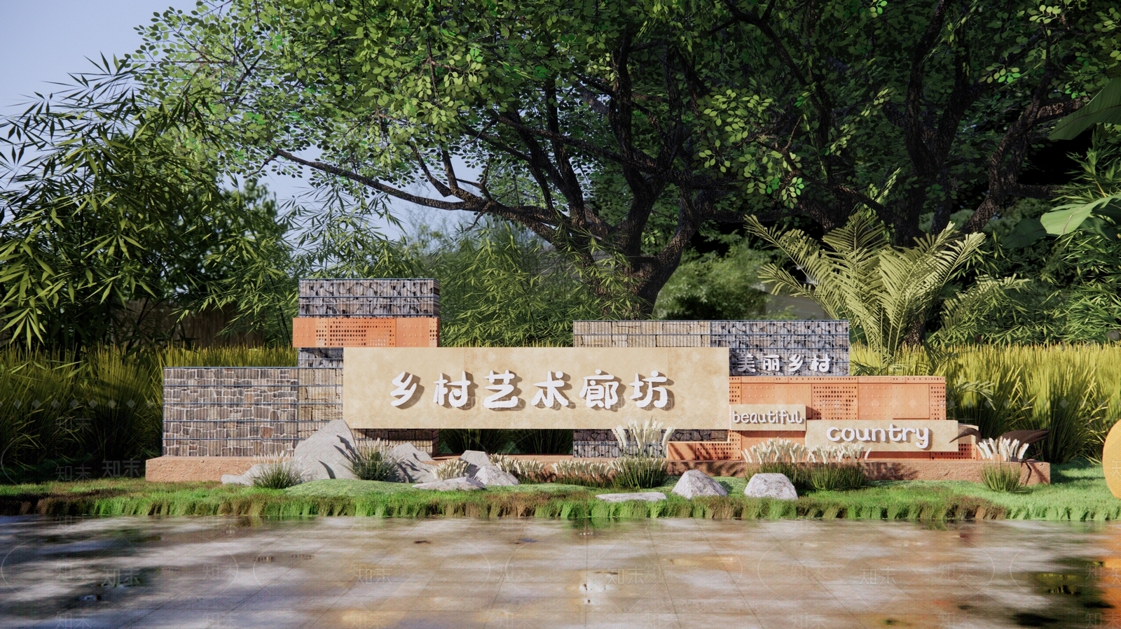 现代乡村入口雕塑景墙SU模型下载【ID:1146324992】