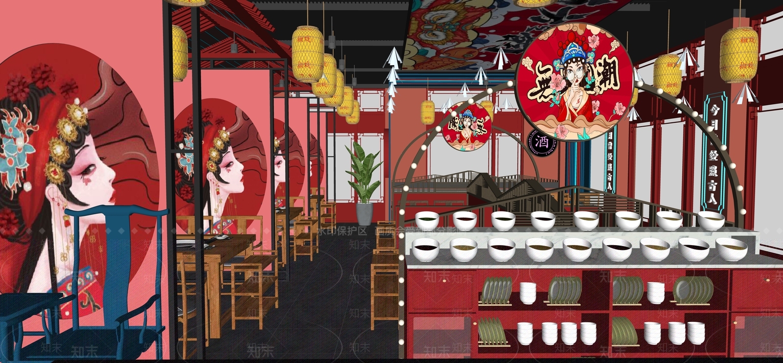 新中式火锅店SU模型下载【ID:1146334844】