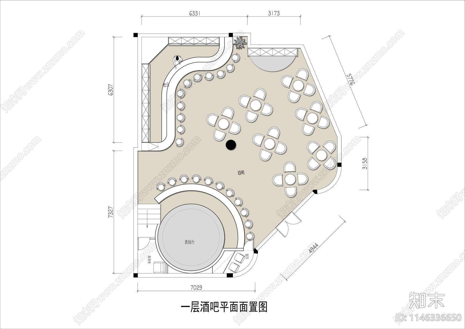 160㎡小酒吧室内平面图施工图下载【ID:1146336650】