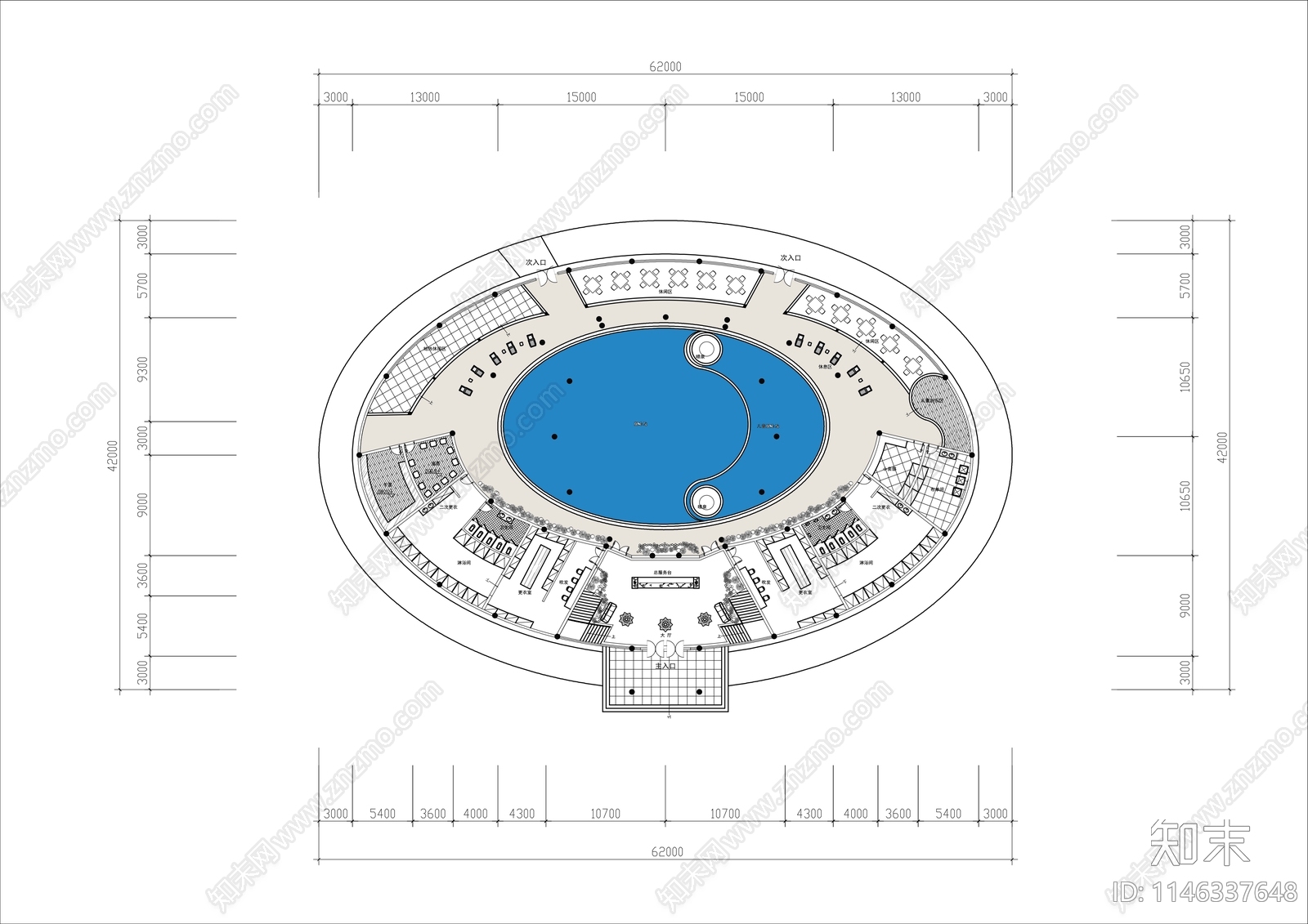 酒店会所游泳池室内平面图施工图下载【ID:1146337648】