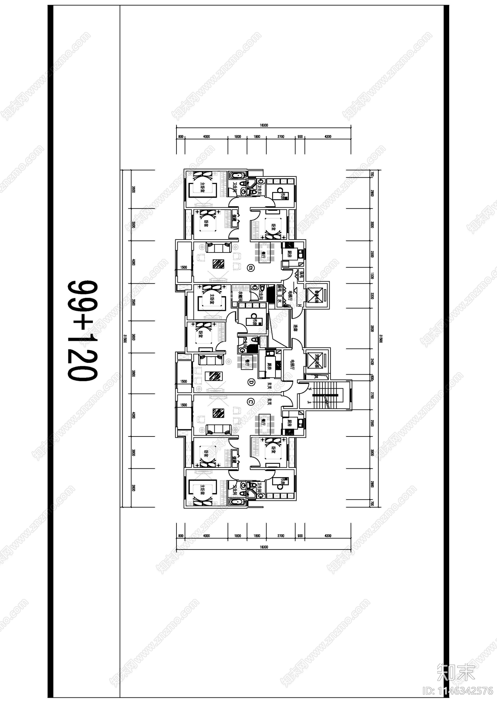 常用住宅户型室内平面图施工图下载【ID:1146342576】