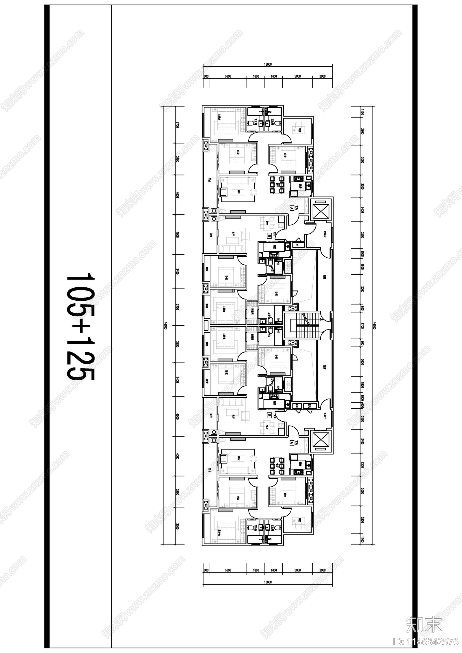 常用住宅户型室内平面图施工图下载【ID:1146342576】