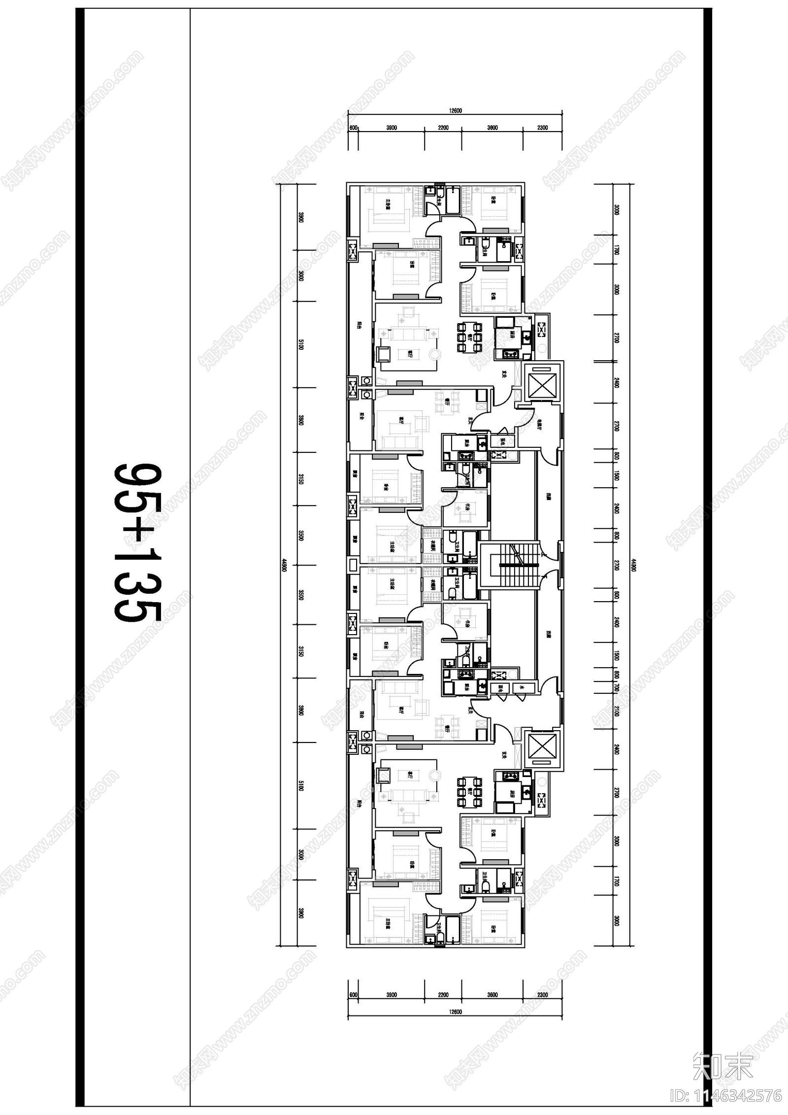 常用住宅户型室内平面图施工图下载【ID:1146342576】