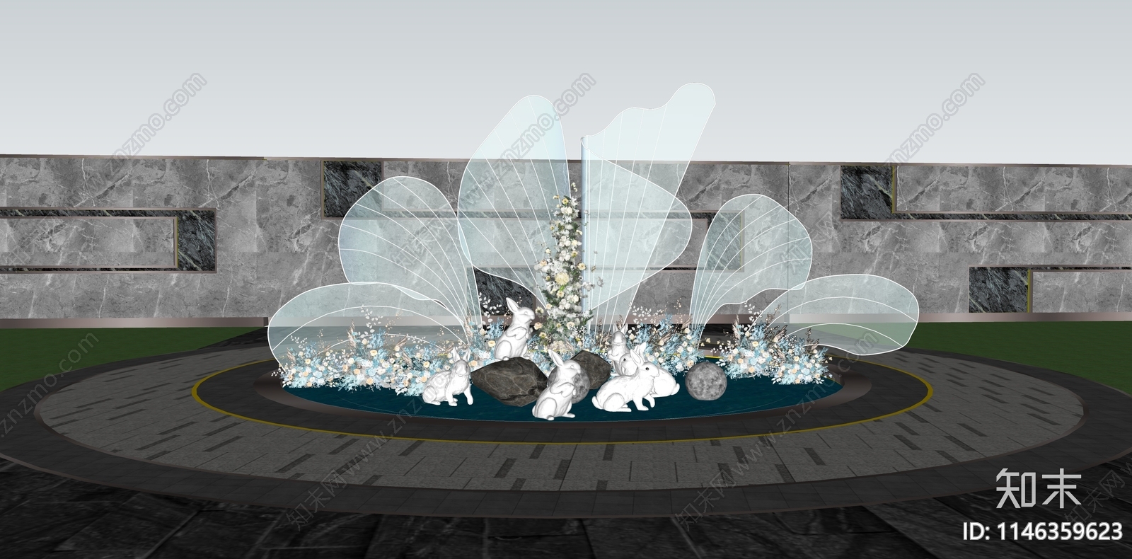 现代兔子雕塑水景SU模型下载【ID:1146359623】