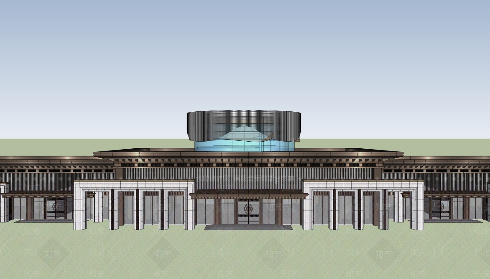 新中式展览馆建筑SU模型下载【ID:1146381815】