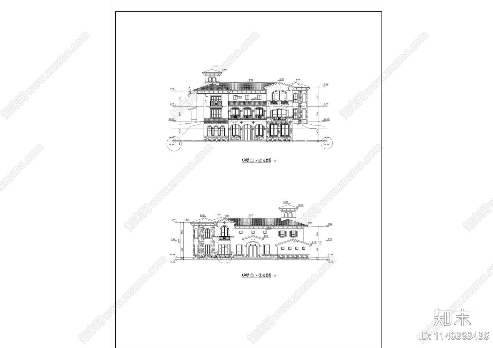 滨海大型地中海风格独栋别墅建筑施工图下载【ID:1146383436】