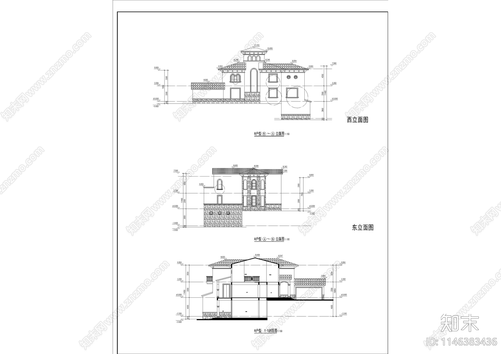 滨海大型地中海风格独栋别墅建筑施工图下载【ID:1146383436】