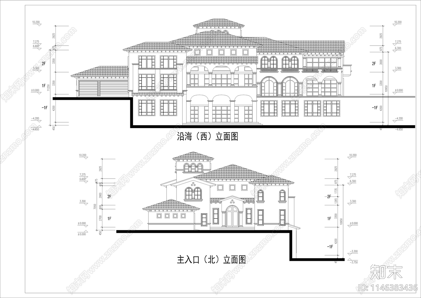 滨海大型地中海风格独栋别墅建筑施工图下载【ID:1146383436】