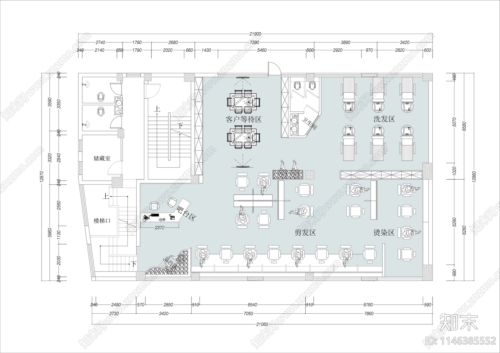 理发美发店室内平面图施工图下载【ID:1146385552】