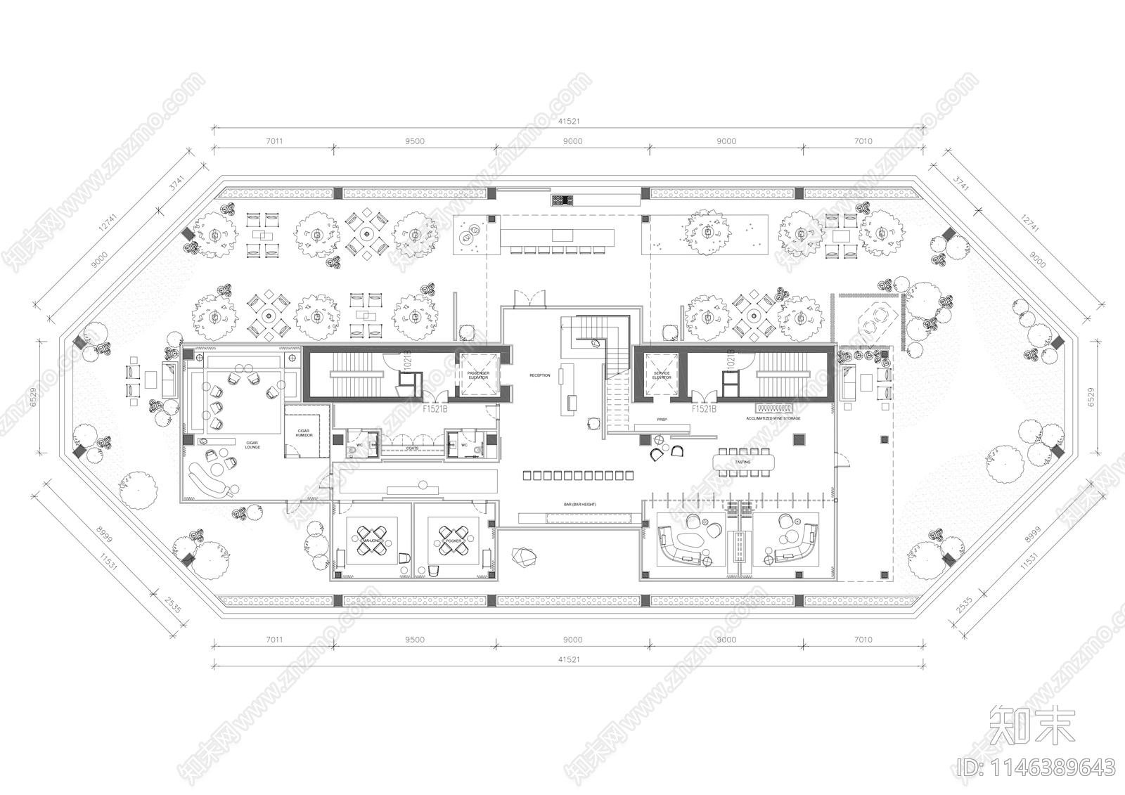 1300平顶层会所施工图下载【ID:1146389643】