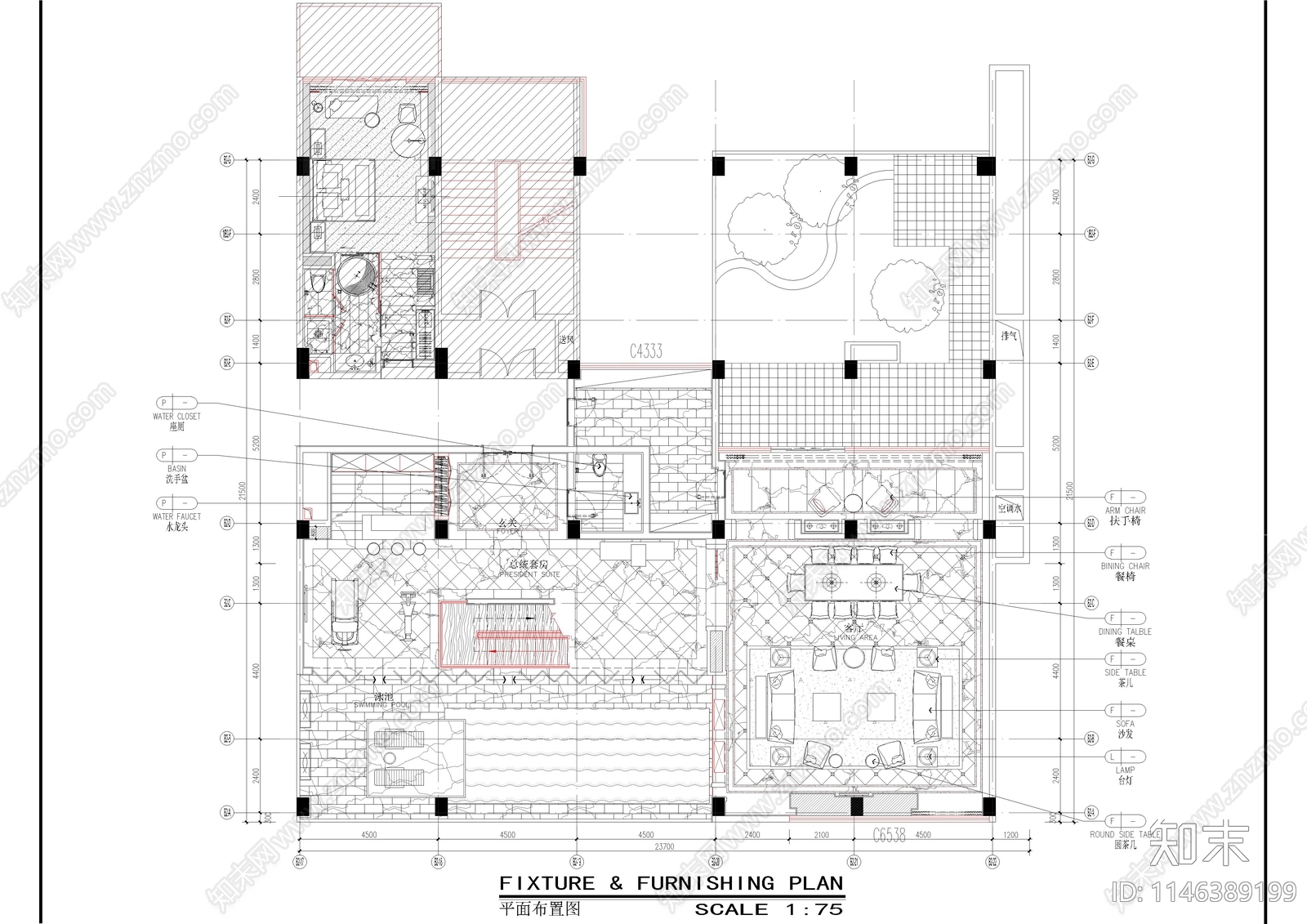 酒店带泳池总统套房室内cad施工图下载【ID:1146389199】