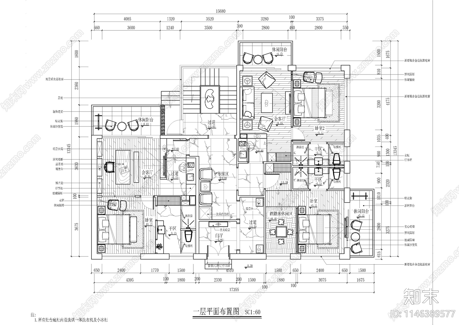 名宿别墅室内平面图cad施工图下载【ID:1146389577】