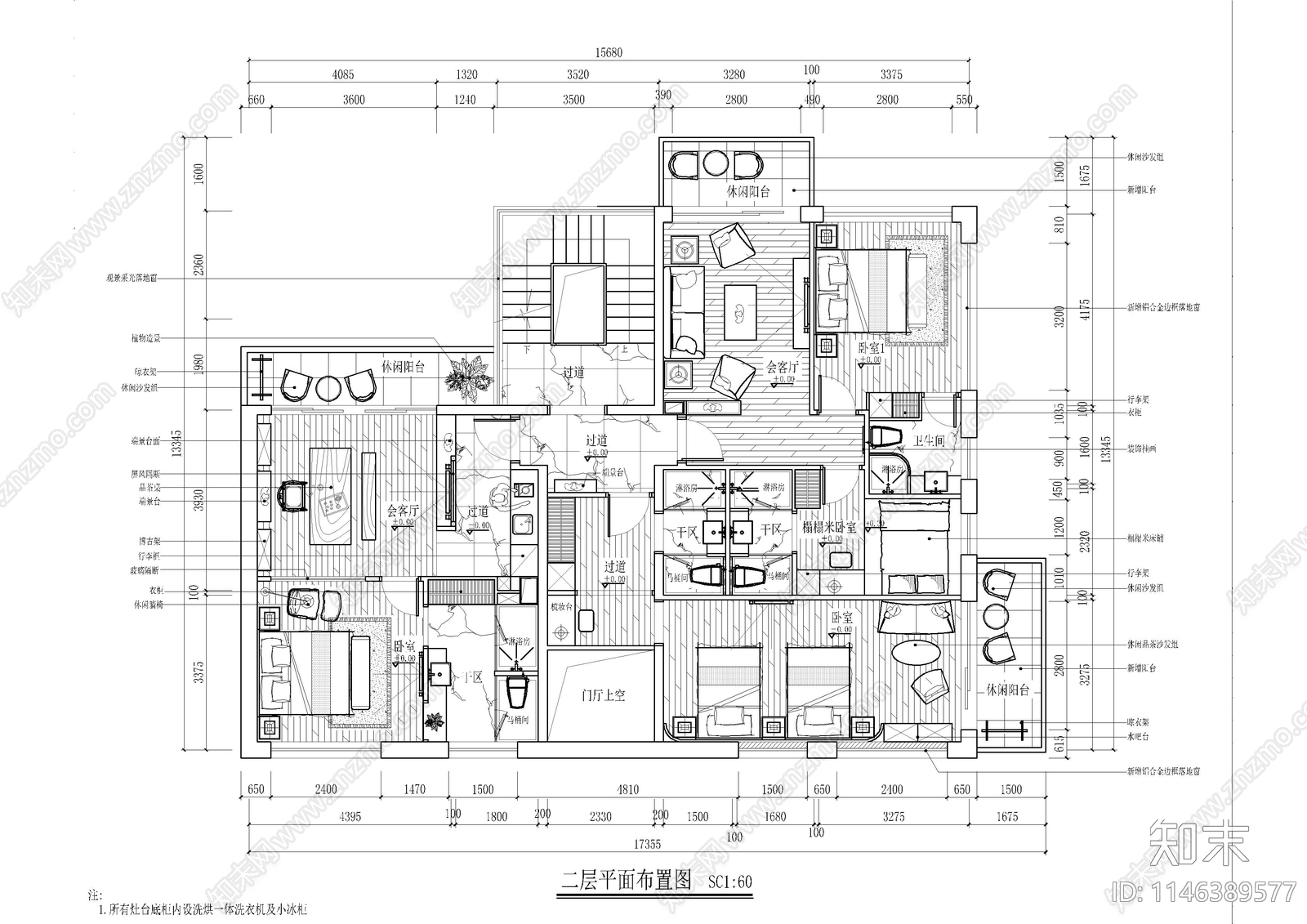 名宿别墅室内平面图cad施工图下载【ID:1146389577】