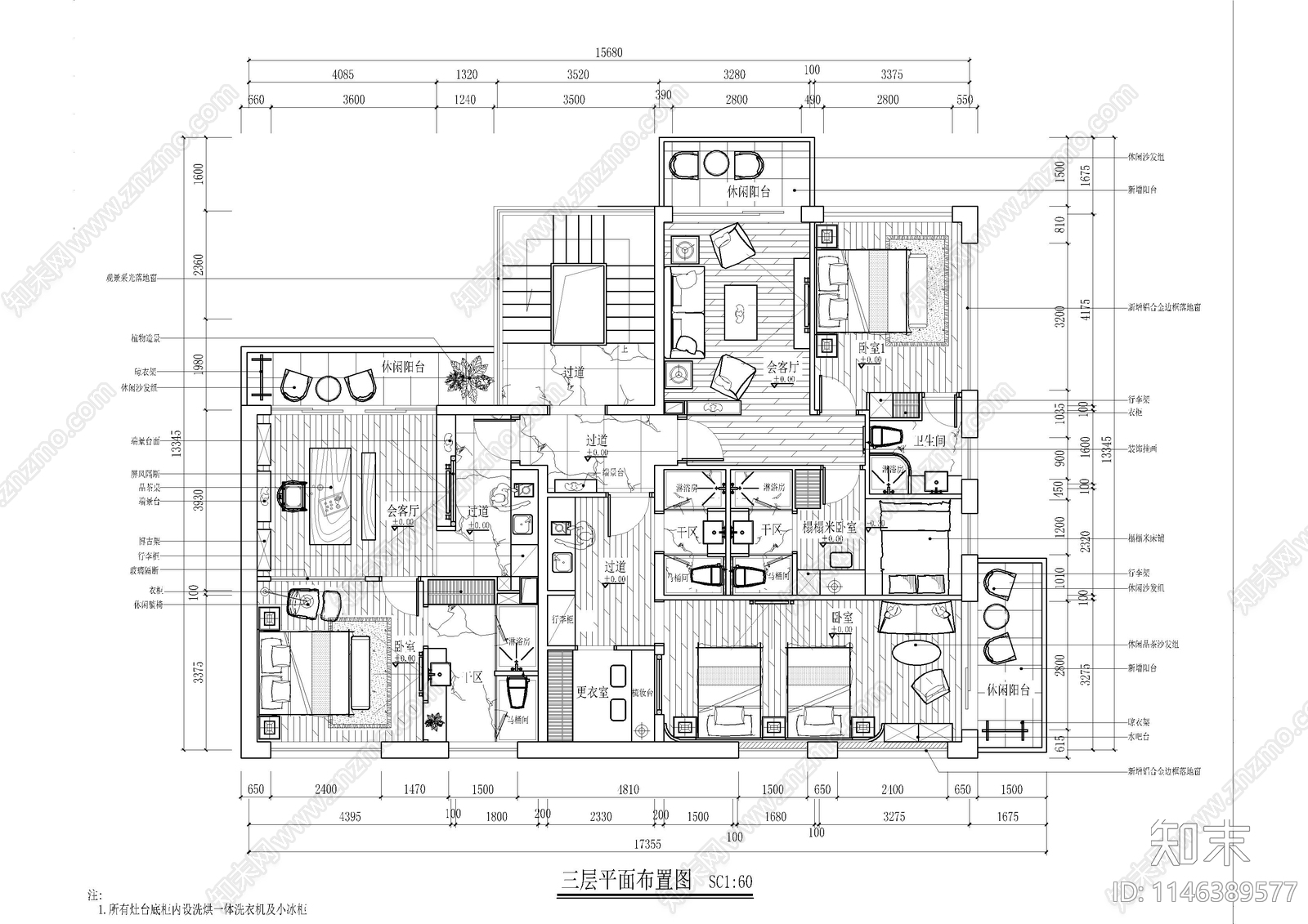 名宿别墅室内平面图cad施工图下载【ID:1146389577】