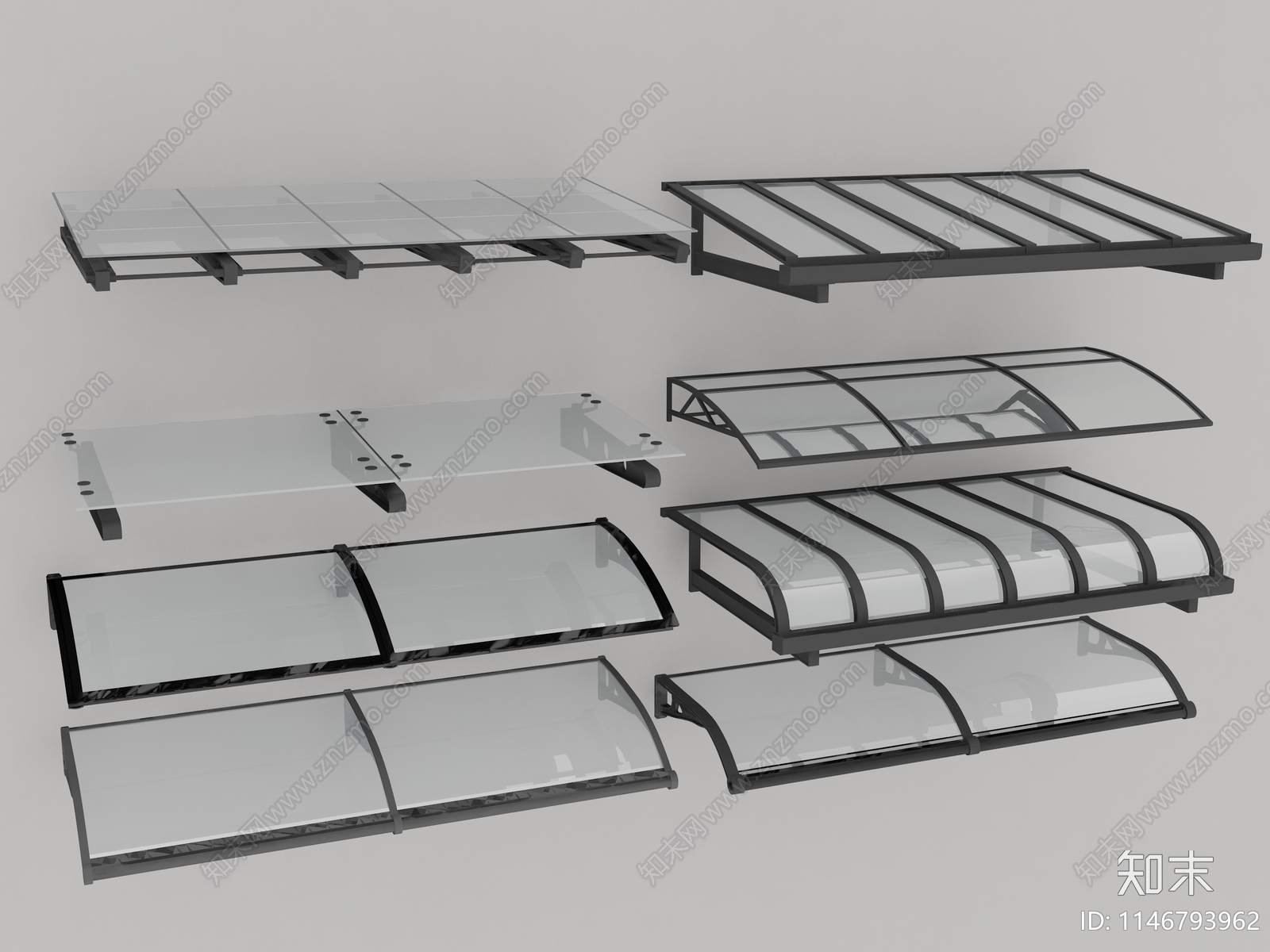 现代钢化玻璃雨棚3D模型下载【ID:1146793962】