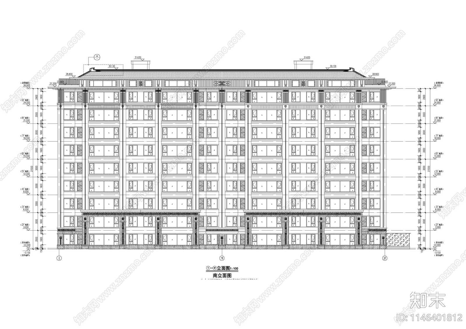 9层中式高层建筑cad施工图下载【ID:1146401812】