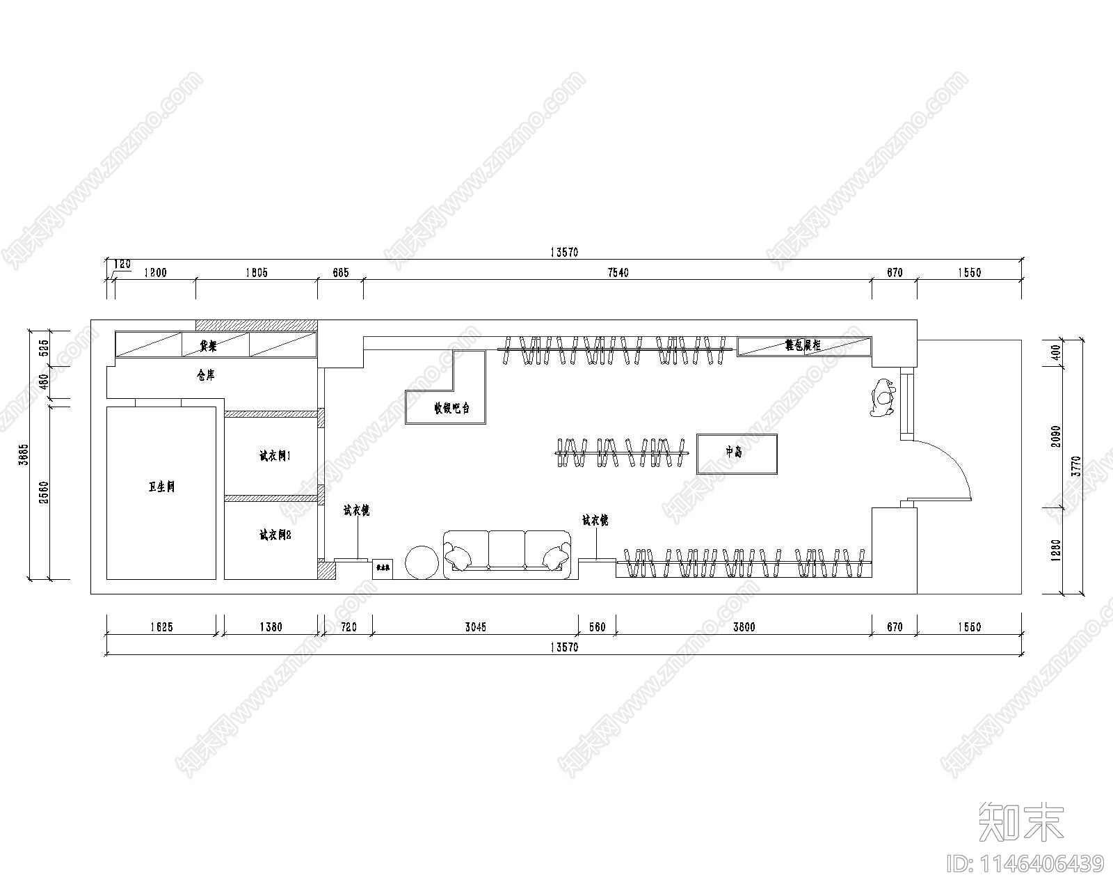 奶油风服装店室内cad施工图下载【ID:1146406439】