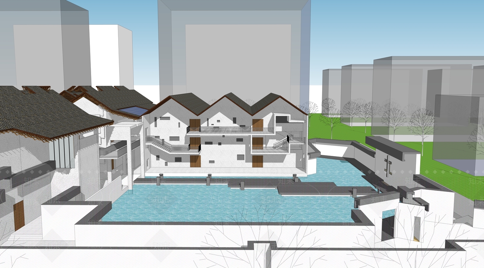新中式展览馆建筑SU模型下载【ID:1146409906】