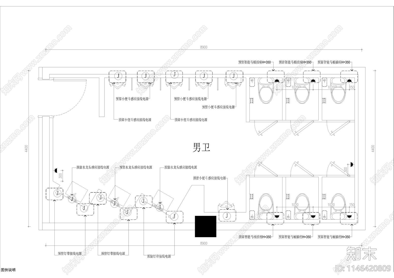 公共男女卫生间室内cad施工图下载【ID:1146420809】