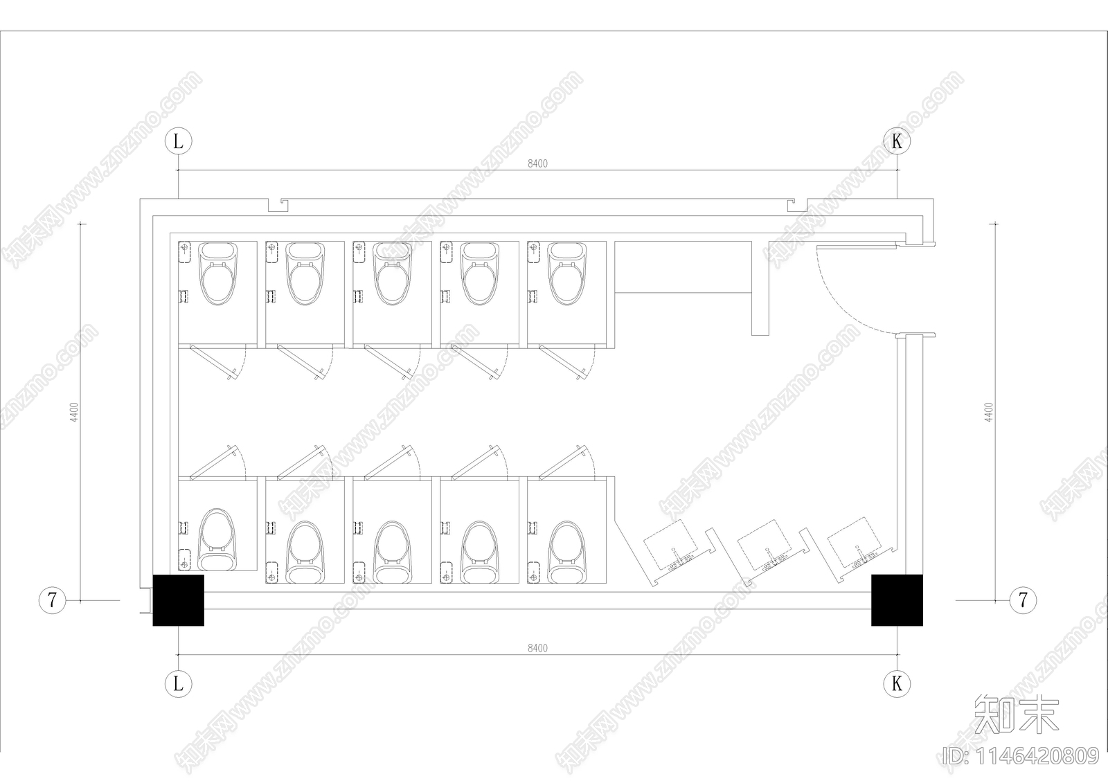 公共男女卫生间室内cad施工图下载【ID:1146420809】