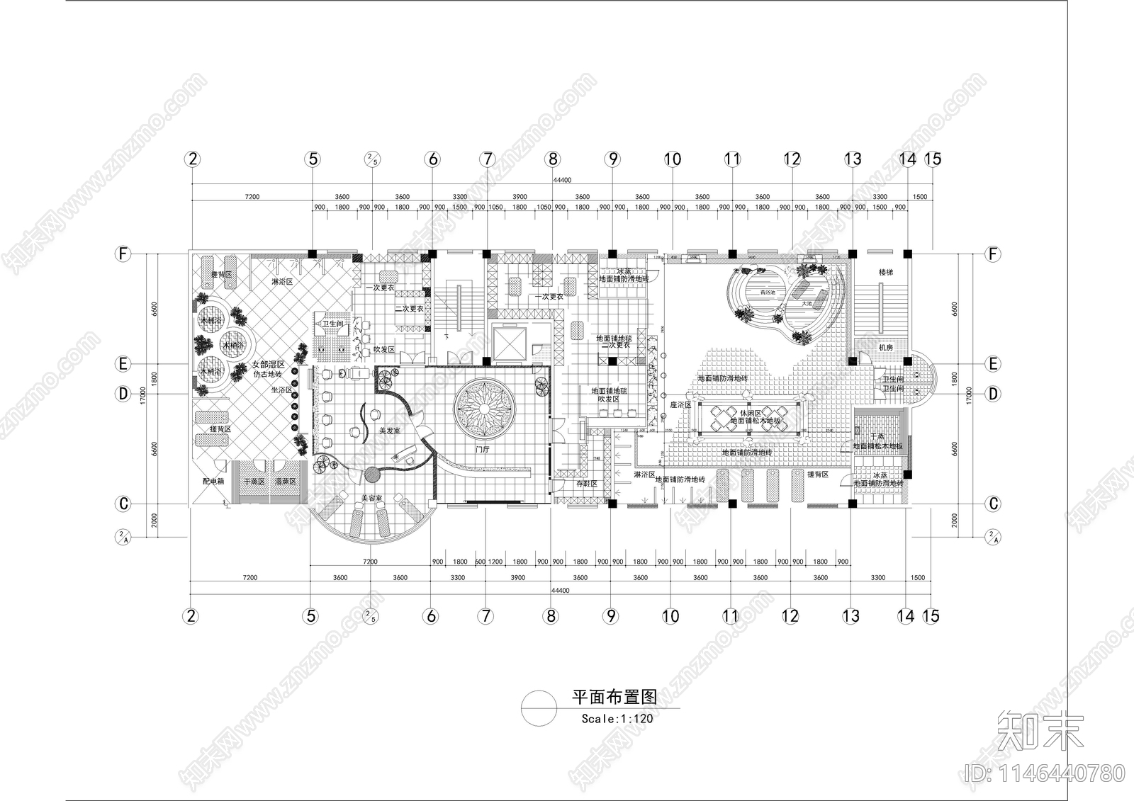 700㎡汤泉水疗洗浴中心室内施工图下载【ID:1146440780】