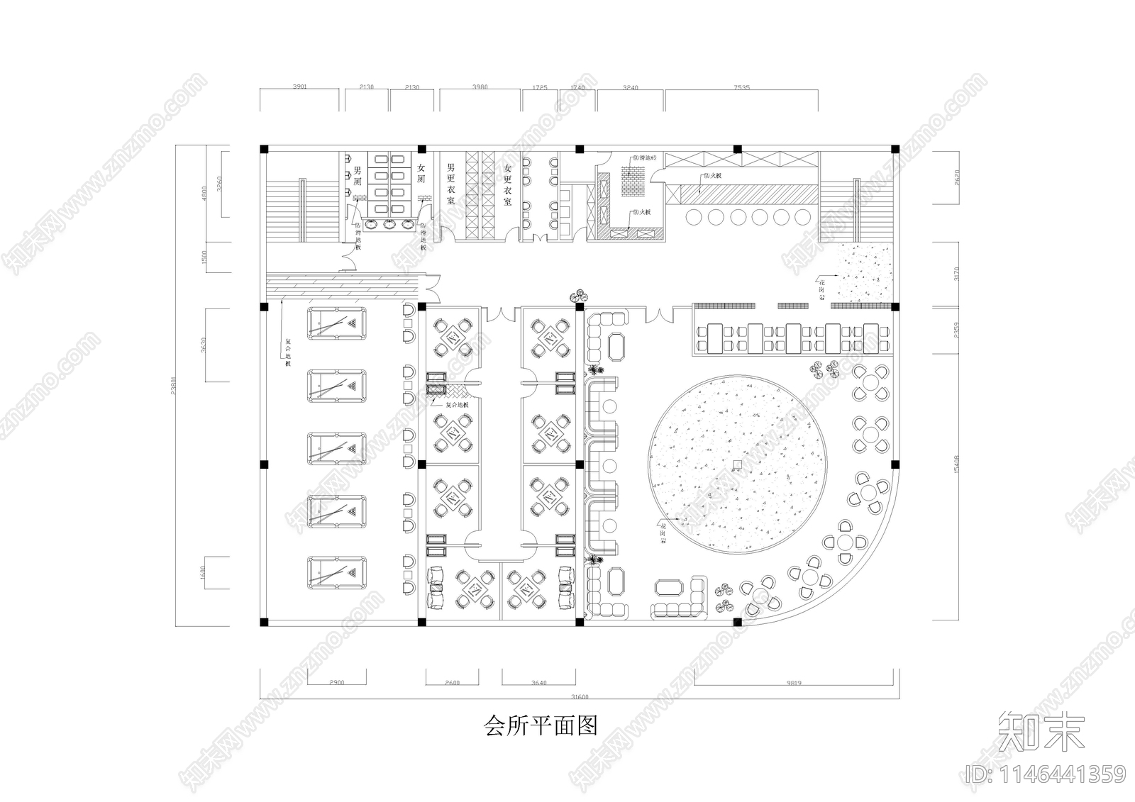 慢吧休闲娱乐会所室内cad施工图下载【ID:1146441359】