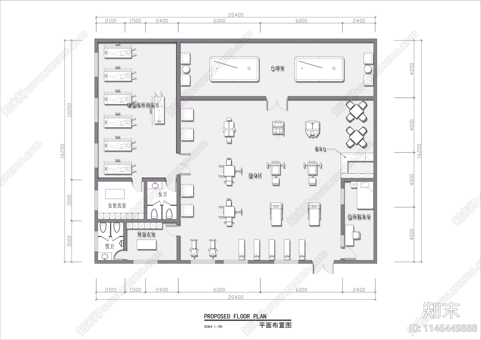 300㎡健身会所室内平面图施工图下载【ID:1146449888】