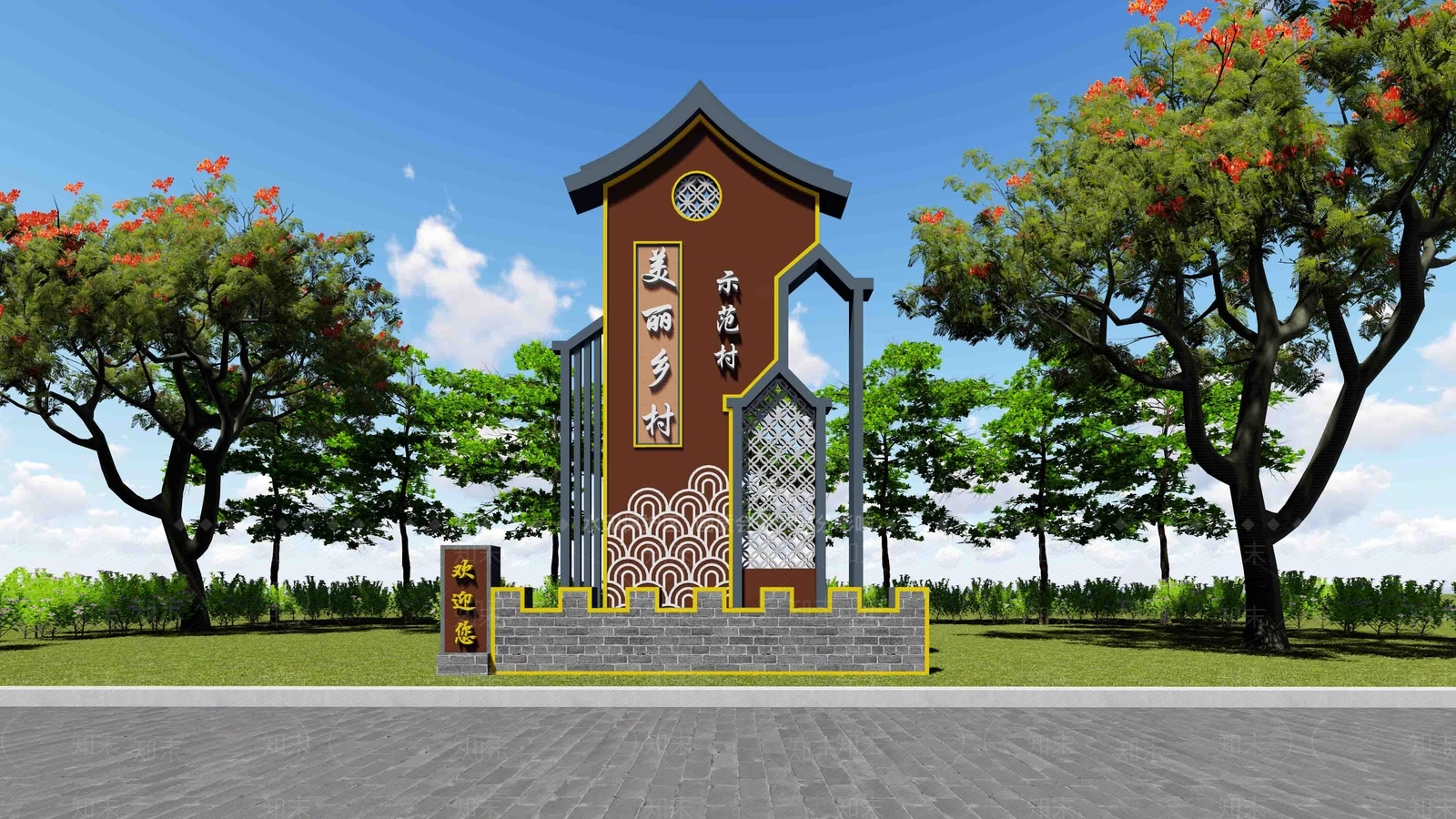 新中式入口标识牌SU模型下载【ID:1146450395】