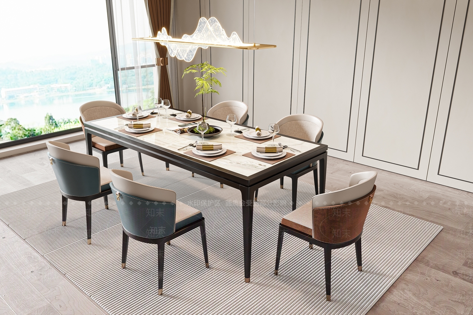 新中式餐桌椅组合3D模型下载【ID:1146465565】