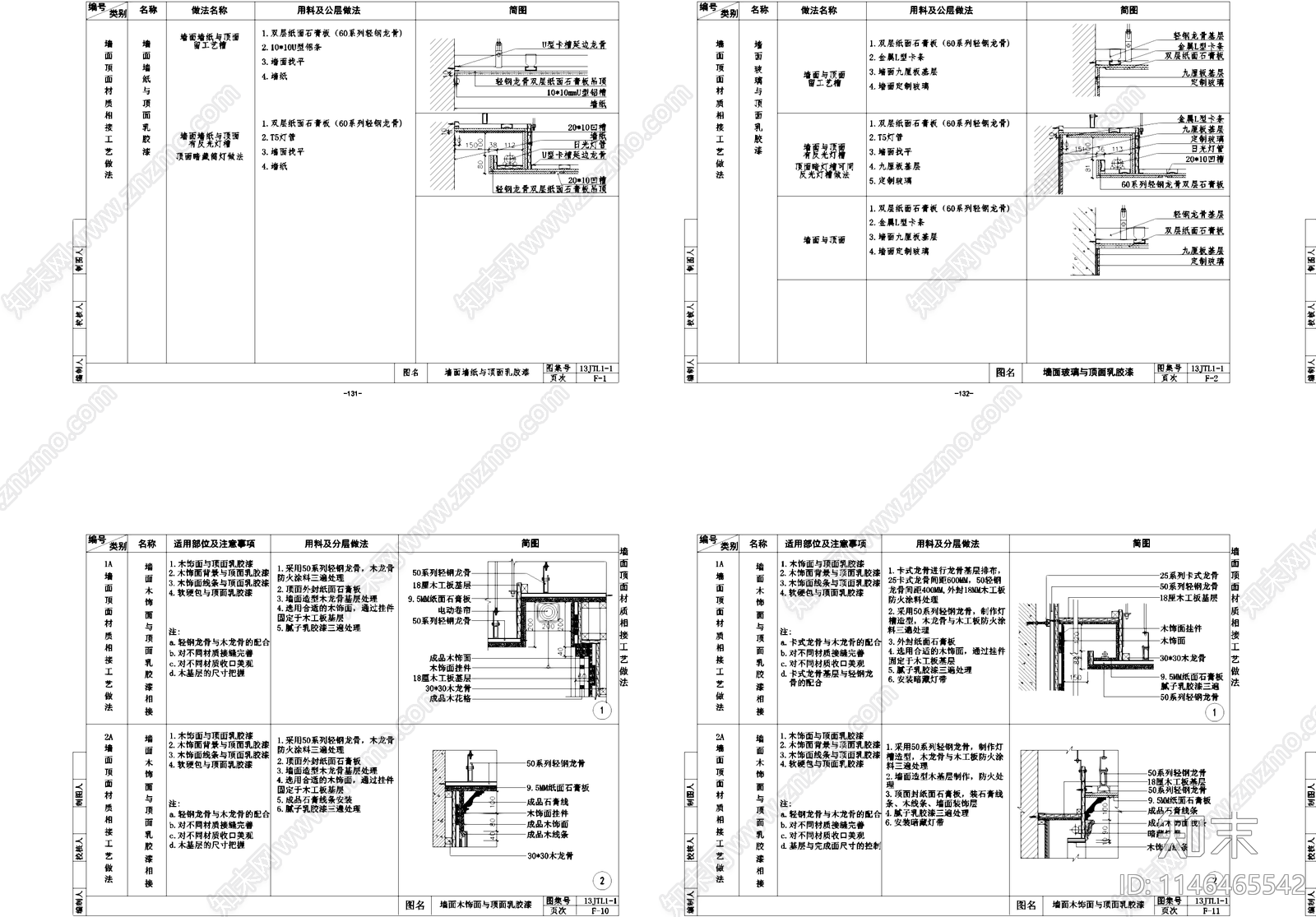 墙面与顶面材质相接工艺做法CAD详图集cad施工图下载【ID:1146465542】