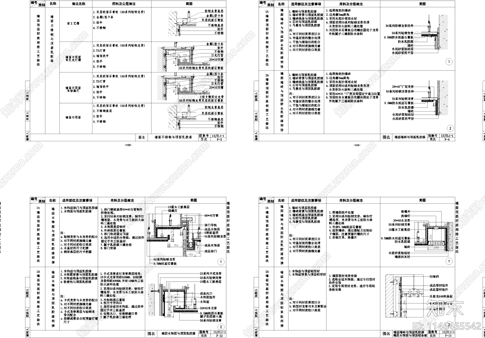 墙面与顶面材质相接工艺做法CAD详图集cad施工图下载【ID:1146465542】