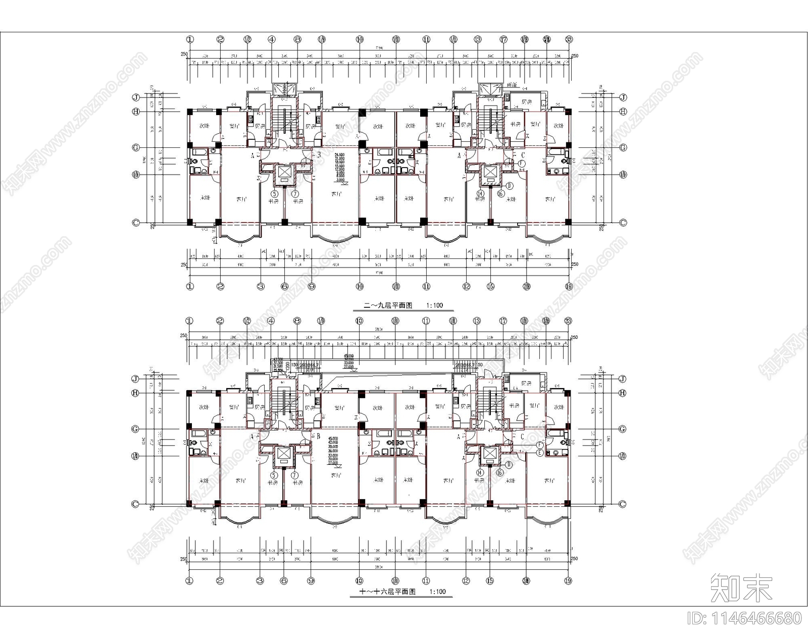 高层住宅楼建筑cad施工图下载【ID:1146466680】