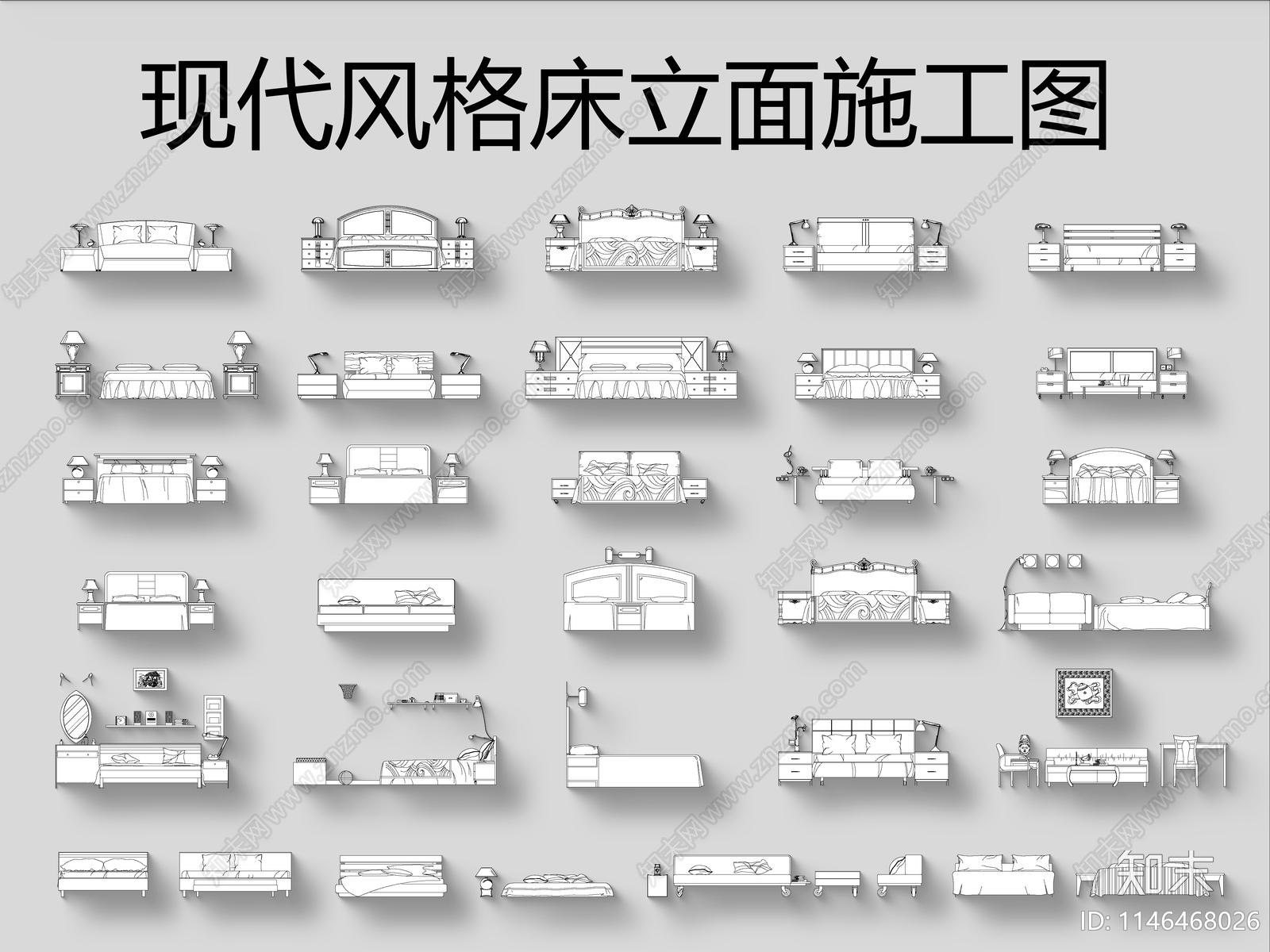 现代风格床立面cad施工图下载【ID:1146468026】