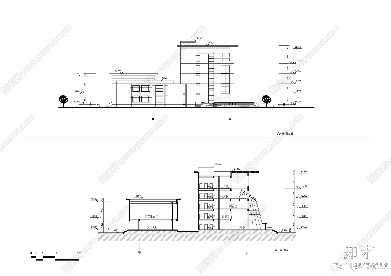 某职校图书馆建筑cad施工图下载【ID:1146470036】