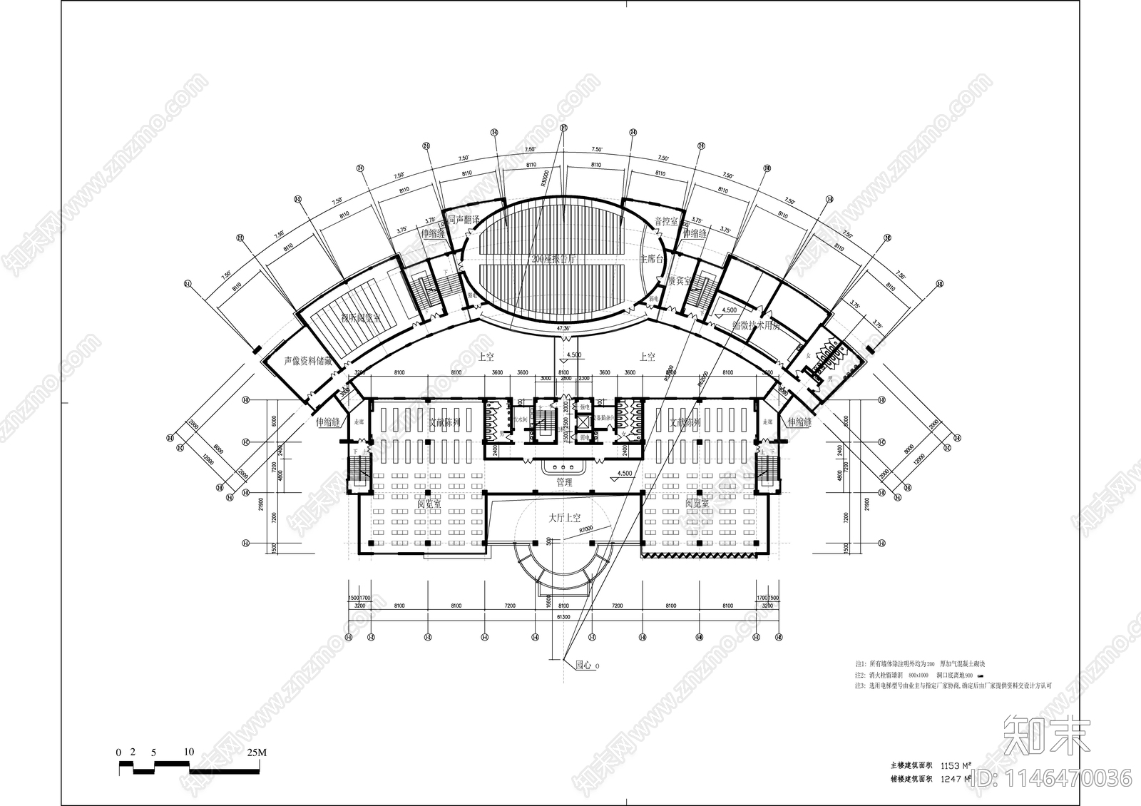 某职校图书馆建筑cad施工图下载【ID:1146470036】