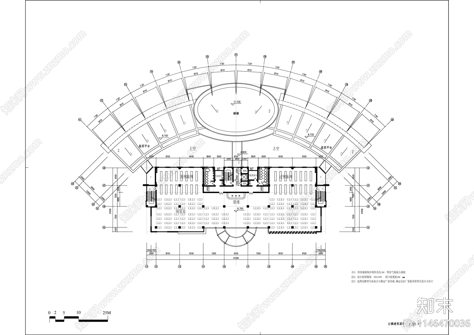 某职校图书馆建筑cad施工图下载【ID:1146470036】