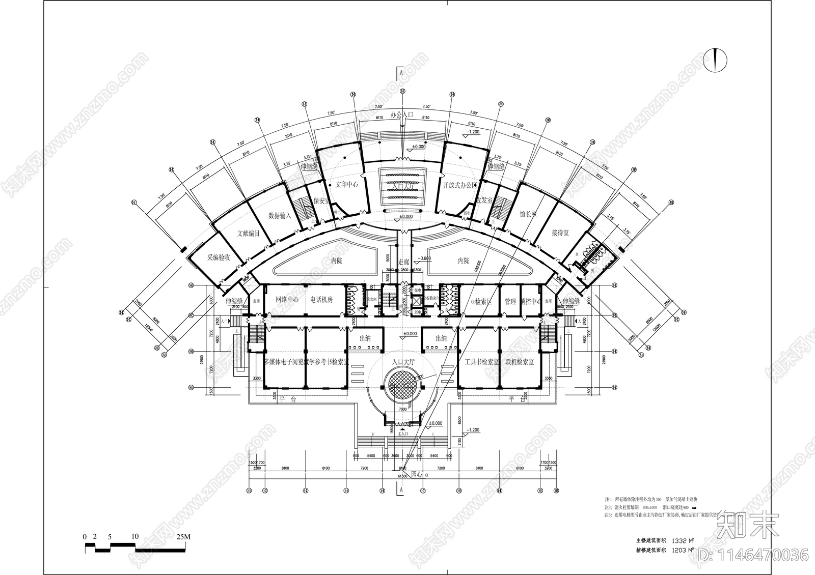 某职校图书馆建筑cad施工图下载【ID:1146470036】