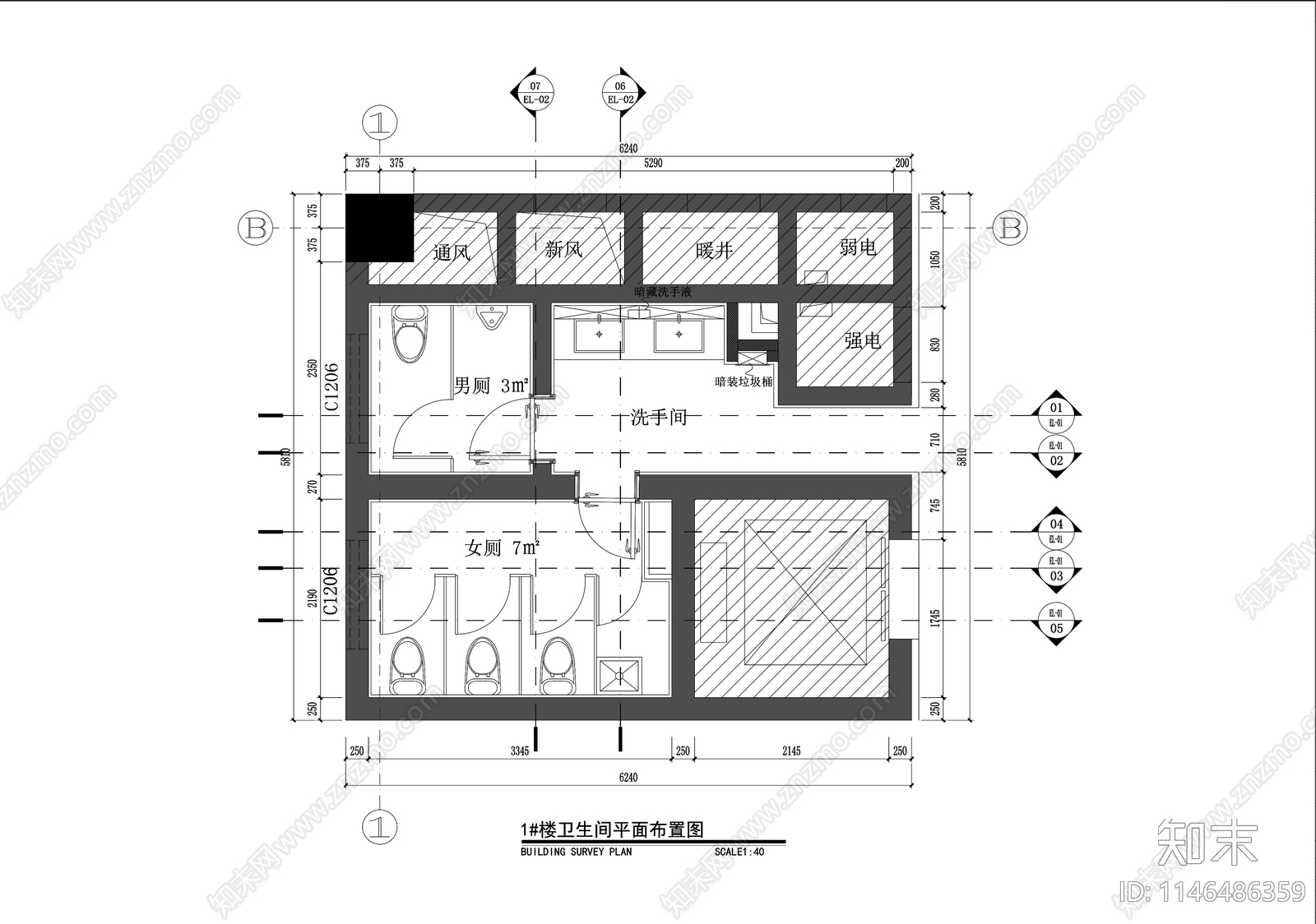 公共卫生间室内cad施工图下载【ID:1146486359】