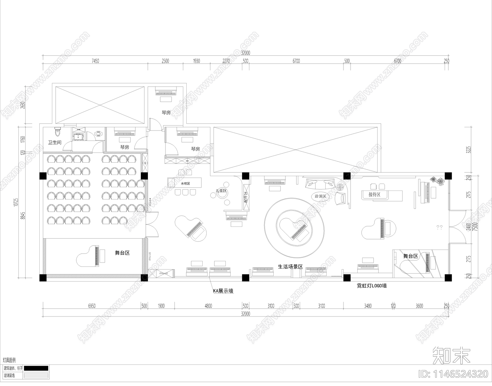 钢琴培训机构专卖店室内cad施工图下载【ID:1146524320】